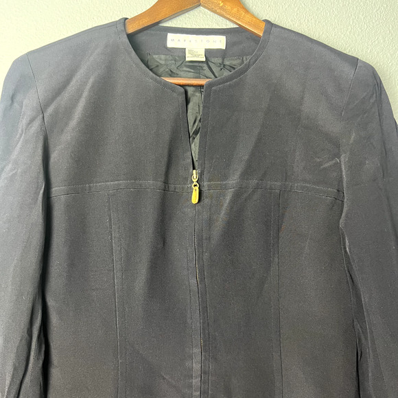 Markstone Womens Size 6 Black 100% Silk Gold Full Zip Shacket Jacket Blazer Vtg - Picture 2 of 12